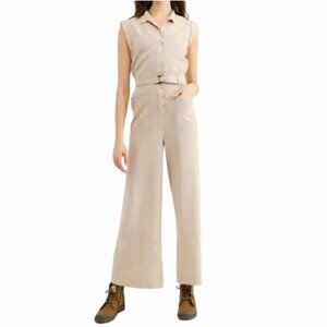 Free People Women's Tan Linen Utility Cargo Jumpsuit